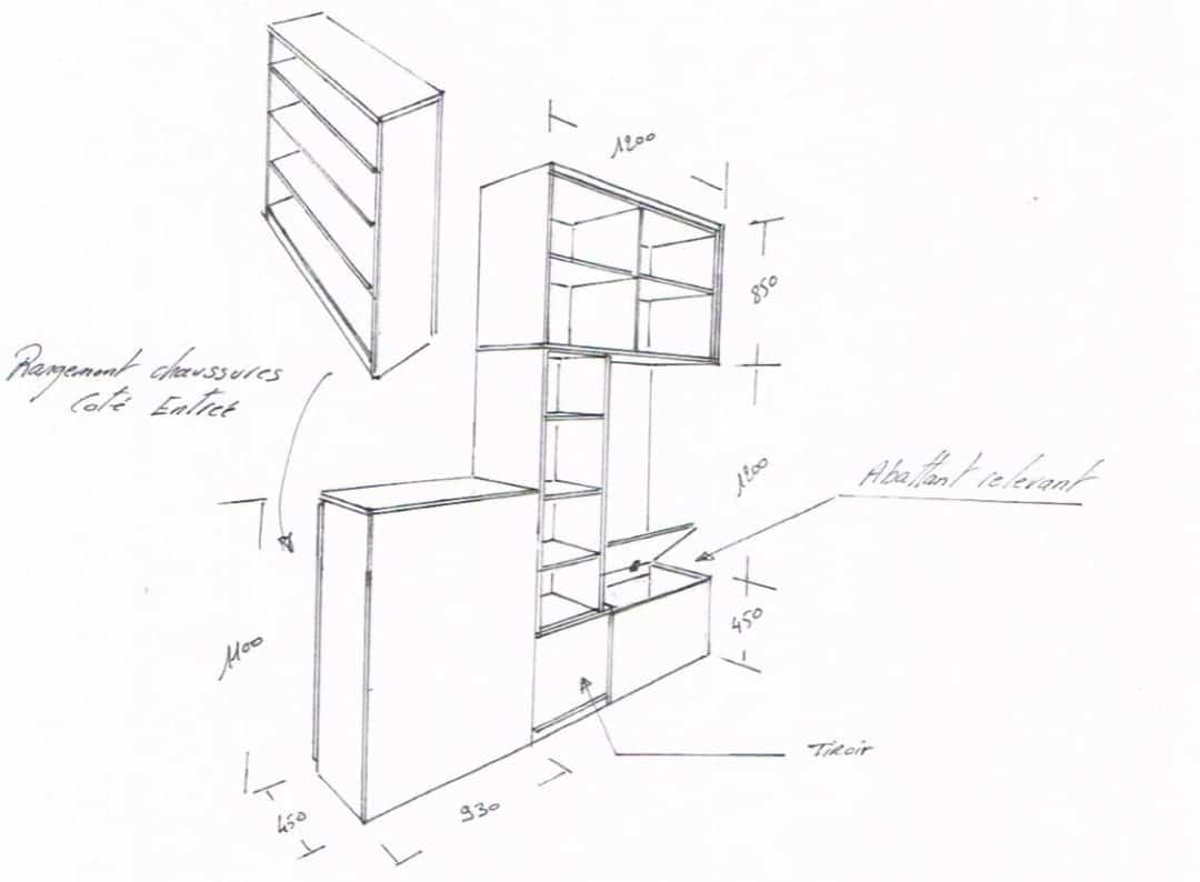 Un salon familial et fonctionnel - Meuble sur mesure pour délimiter l'entrée et le salon. Désigné par Jessica Venancio pour Teva Déco